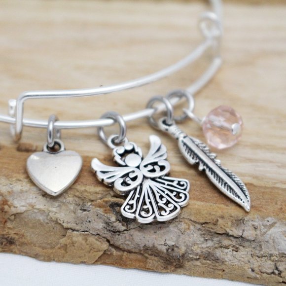 Heart, Angel & Feather Adjustable Charm Bangle - Handcrafted Hypoallerge… - Picture 1 of 4